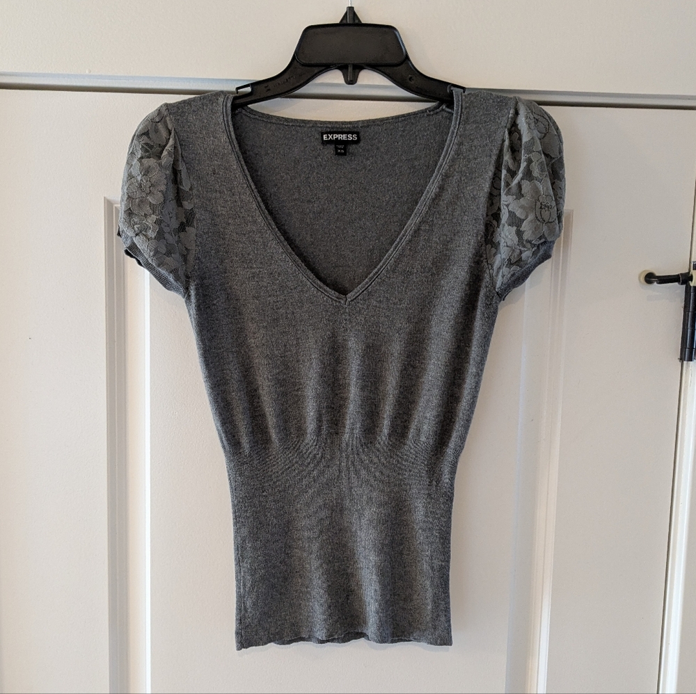 Express Women's Ribbed Lace Puff Sleeve Stretch V-Neck Top, Size XS